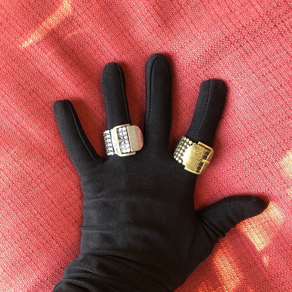 Buckled Belt Rings With Stretch, Burnished Silver & Gold
